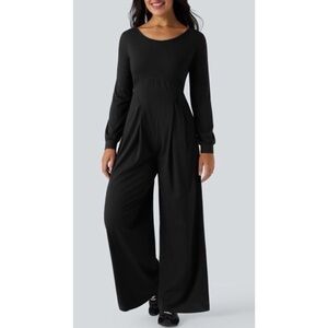 Halara Backless Round Neck Long Sleeve Casual Baggy Jumpsuit with Pockets Black